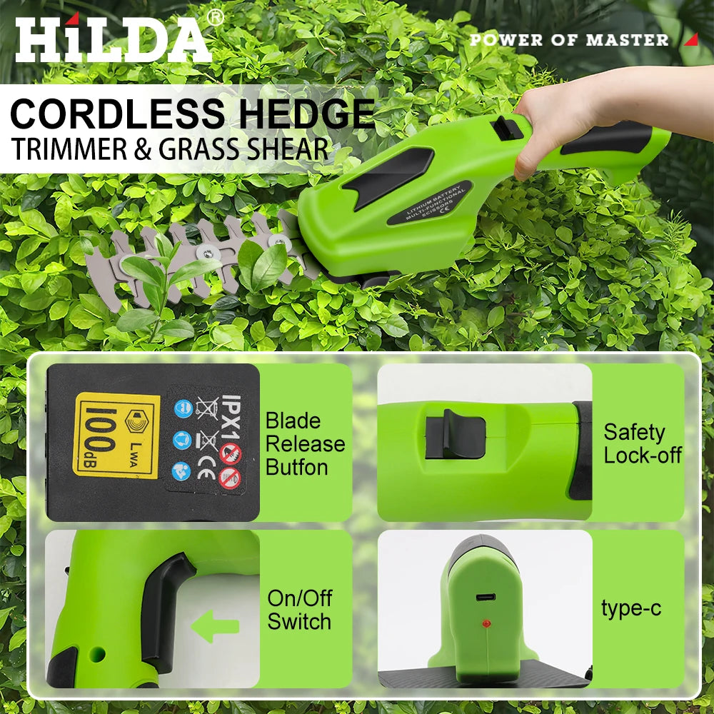 HILDA 2-in-1 Cordless Hedge & Grass Trimmer (Lightweight, Green)
