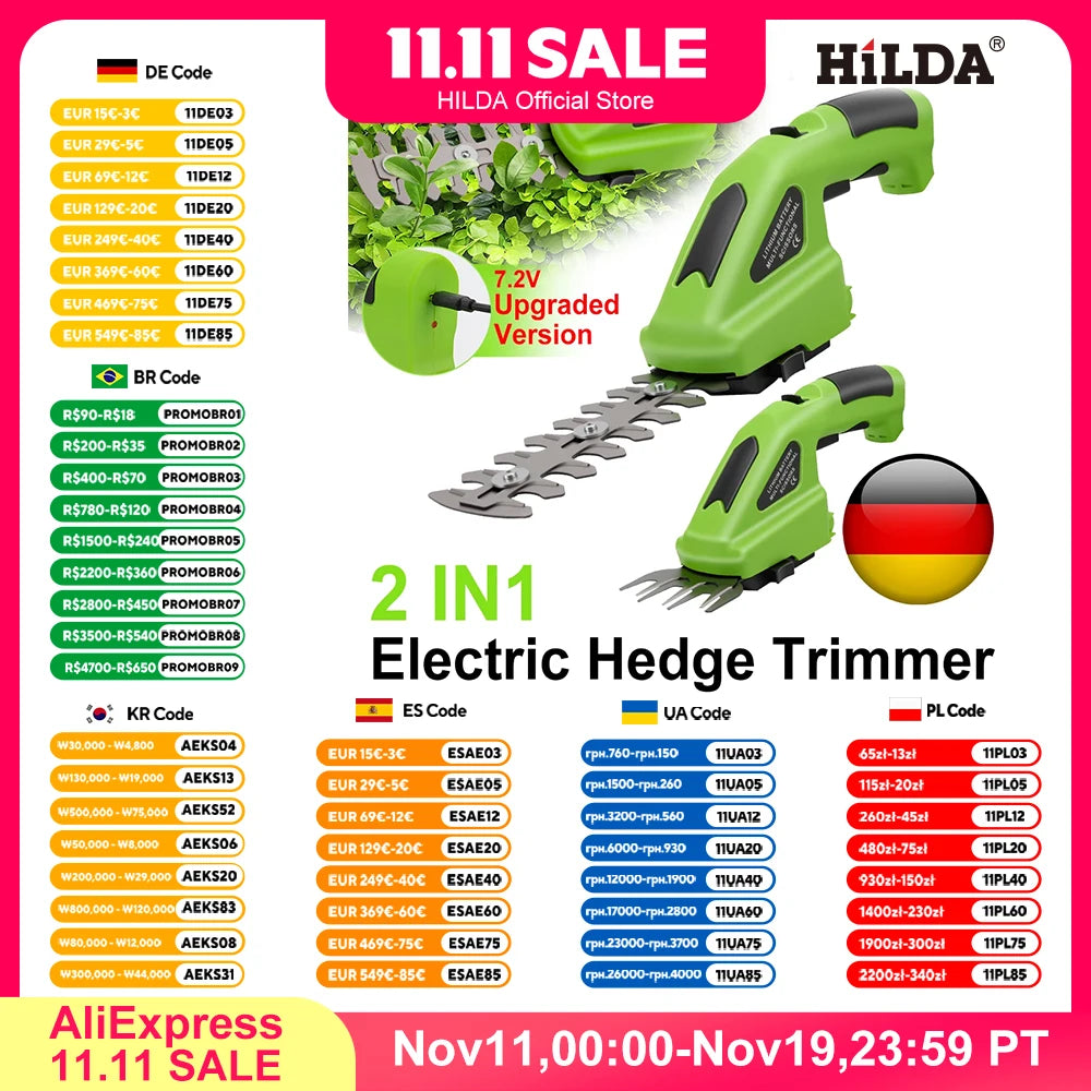 HILDA 2-in-1 Cordless Hedge & Grass Trimmer (Lightweight, Green)