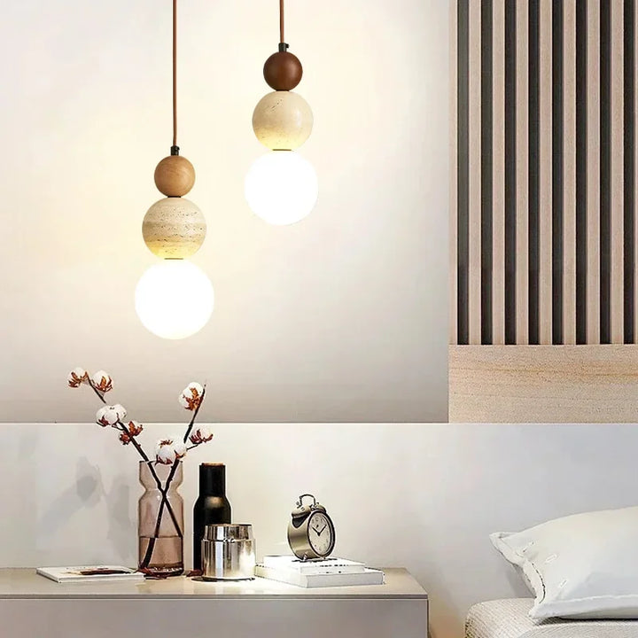 Cream Style LED Pendant Lamp – Stone & Wood Chandelier